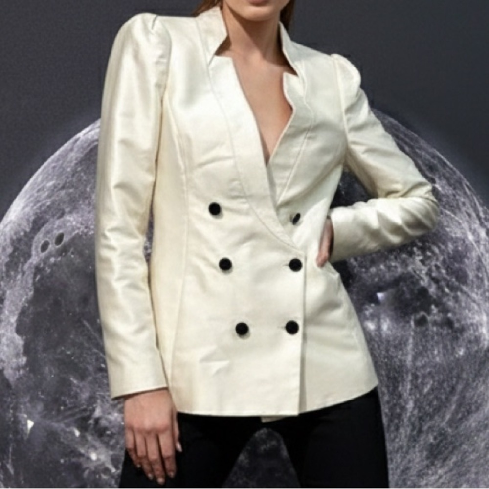 Reiss Double Button Satin Silk Wool Blend Ivory Blazer SIZE XS